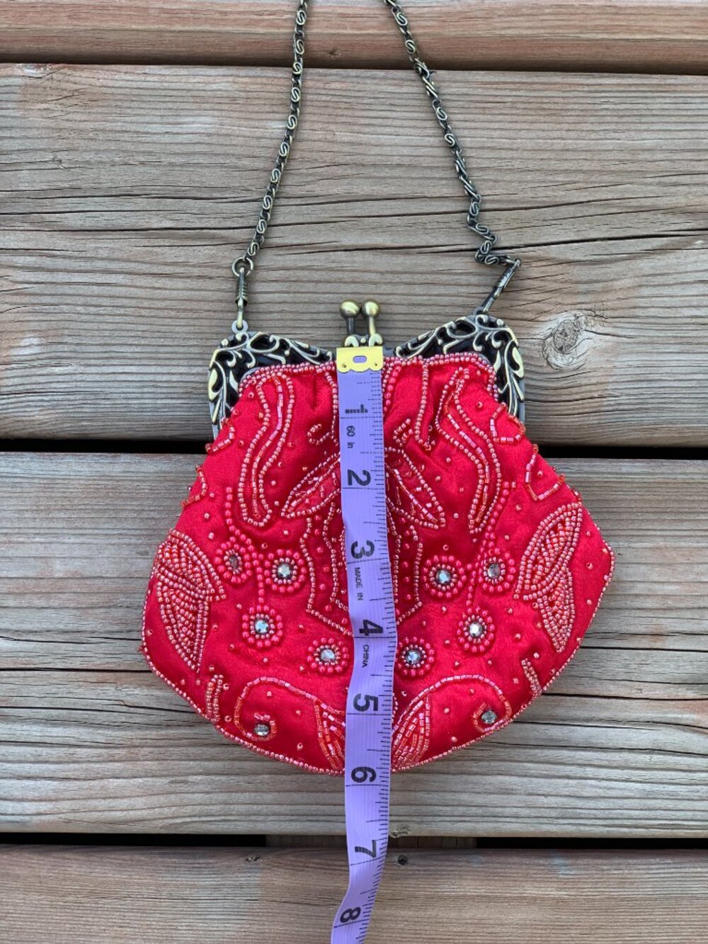 Vintage Y2K Beaded Red Evening Bag Handbag Purse Gold Chain Prom Wedding Gala - Picture 10 of 12